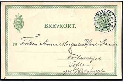 5 øre Fr. VIII helsagsbrevkort annulleret med brotype Ia Vaarst d. 30.10.1912 til Helsinge.