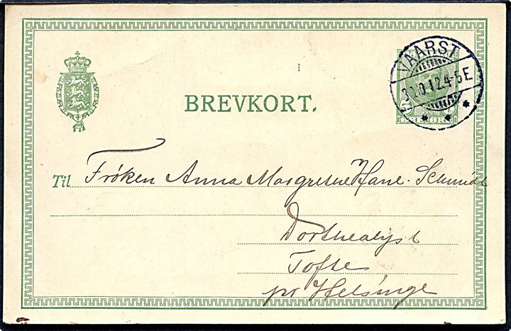 5 øre Fr. VIII helsagsbrevkort annulleret med brotype Ia Vaarst d. 30.10.1912 til Helsinge.