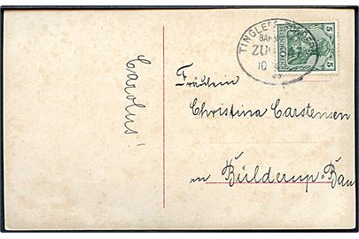 5 pfg. Germania på brevkort annulleret med bureaustempel Tingleff - Tondern Bahnpost Zug 847 d. 10.4.1909 (?) til Bylderup-Bov.