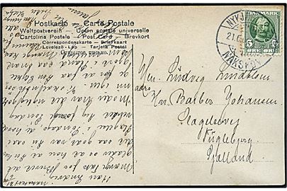 5 øre Fr. VIII på brevkort annulleret med bureaustempel Nykjøbing F. - Nakskov T.? d. 21.6.1909 til Fuglebjerg.