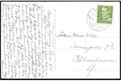 15 øre Fr. IX på brevkort (Brombærdalen, Kragestrand, Hirtshals) annulleret med pr.-stempel Bjergby pr. Hjørring d. 13.7.1949 til København.