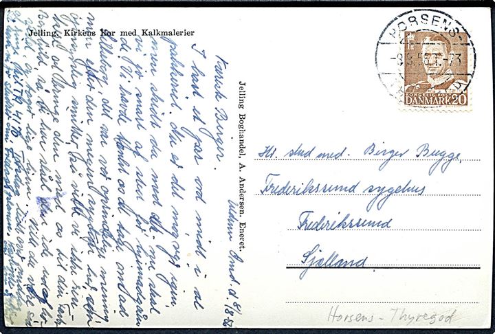 20 øre Fr. IX på brevkort fra Uldum annulleret med bureaustempel Horsens - Thyregod T.73 d. 8.8.1956 til Frederikssund.