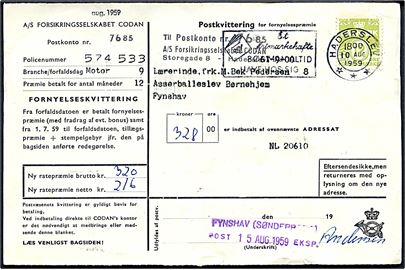 12 øre Bølgelinie på indbetalingskort sendt som tryksag fra Haderslev d. 10.8.1959 til Asserballeslev Børnehjem. Betalt med kvitteringsstempel: FYNSHAV (SØNDERBORG) Posteksp. d. 15.8.1959.