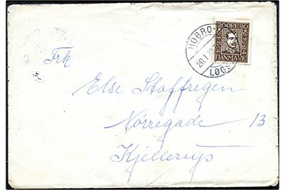 20 øre Chr. X Postjubilæum på brev annulleret med bureaustempel Hobro - Løgstør T.1129 d. 20.1.1925 til Kjellerup.