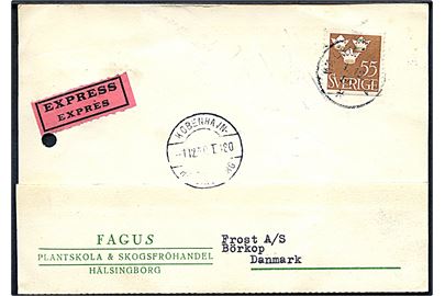 55 öre Tre Kroner single på ekspres brevkort fra Hälsingborg d. 1.12.1950 til Børkop, Danmark. Transit stempel: København - Helsingborg T.480 d. 1.12.1950. Arkivhul.