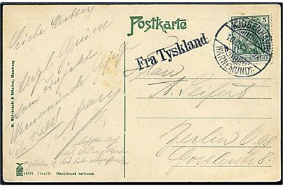 5 pfg. Germania på brevkort (Jernbanefærgen Prins Christian i Warnemünde) annulleret med bureaustempel Kjøbenhavn - Warnemünde T.92 d. 10.10.1909 og sidestemplet Fra Tyskland til Berlin, Tyskland.