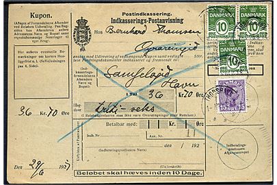 10 øre Bølgelinie (3) og 15 øre Chr. X på retur Indkasserings-Postanvisning fra Thorshavn d. 1.7.1927 til Oyrareingir