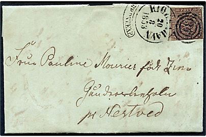 4 R.B.S. Ferslew tæt klippet på brev annulleret med kombineret Pølse-stempel 34/Kiøbenhavn/JBR.PST.EXP. d. 20.8.1853 til Næstved.