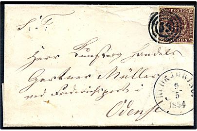 4 R.B.S. Thiele II med fuld rand på brev annulleret med nr.stempel 59 og sidestemplet antiqua Rudkjøbing d. 9.5.1854 til Odense.