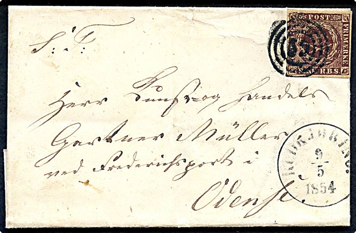 4 R.B.S. Thiele II med fuld rand på brev annulleret med nr.stempel 59 og sidestemplet antiqua Rudkjøbing d. 9.5.1854 til Odense.