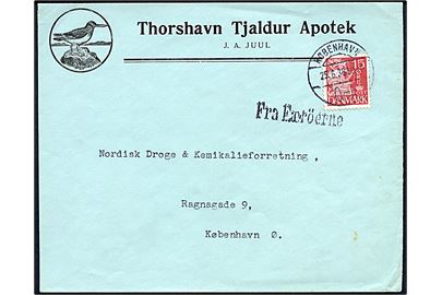 15 øre Karavel på firmakuvert fra Tjaldur Apotek i Thorshavn annulleret København d. 25.6.1938 og sidestemplet Fra Færöerne til København.