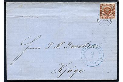 4 sk. 1858 udg. på skibsbrev fra Kiel annulleret med nr.stempel 186 og sidestemplet blåt antiqua Dampsk. Post-Sped. no. 2 d. 15.4.1863 til Kjøge. 