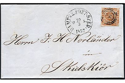 4 sk. 1854 udg. på skibsbrev fra Kiel annulleret med svagt nr.stempel 189 og sidestemplet antiqua Dampsk: Post-Sped: No. 5 d. 10.3.1857 til Skielskiör.