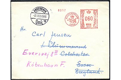 Ufrankeret brev fra Hellerup postalt opfrankeret med 60 øre frankostempel ved København OMK d. 3.1.1953 til Colchester, England - eftersendt til København, Danmark