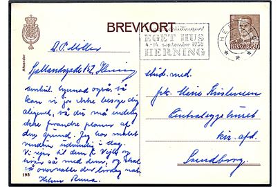 20 øre Fr. IX helsagsbrevkort (fabr. 193) annulleret med TMS Byggeudstillingen EGET HUS 1.-14. september 1958 HERNING/Herning d. 29.8.1958 til Svendborg.