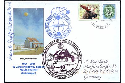 3 kr. og 6 kr. på illustreret ekspeditionskuvert fra Koldewey Station stemplet Ny-Ålesund d. 12.10.2001 til Potsdam, Tyskland.
