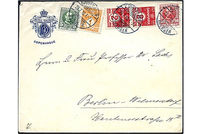 1 øre, 2 øre (par) Bølgelinie, 5 øre og 10 øre Fr. VIII på illustreret kuvert fra Hotel Dagmar i København annulleret med bureaustempel Kjøbenhavn - Gjedser T.73 d. 28.7.1910 til Berlin, Tyskland.