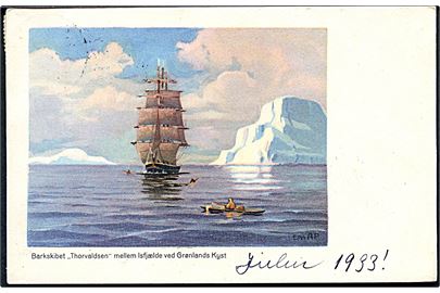 Emanuel Petersen: Grønlands kyst. Barkskibet Thorvaldsen mellem isfjælde. Stenders, serie 60. 