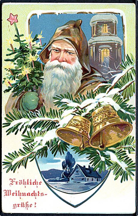 Glædelig Jul. Julemand iført brun kåbe, Prægekort. U/no. 