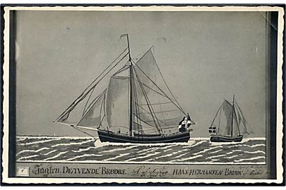 De Tvende Brødre, jagt ført af skipper Hans Hermansen Bruun af Marstal. Fotokort efter maleri. U/no.