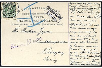 5 øre Chr. IX på brevkort (Askov Højskole) sendt fra Vejen d. 31.1.1906 til Helsingborg, Sverige. Underkendt som brevkort og udtakseret i porto med rammestempel Utilstrækkelig frankeret og svensk violet stempel: Lösen 10 öre.
