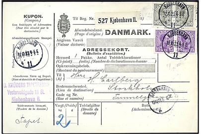 15 øre (par) og 50 øre (par) Chr. X på 130 øre frankeret internationalt adressekort for pakke fra Kjøbenhavn d. 12.10.1923 til Stockholm, Sverige.