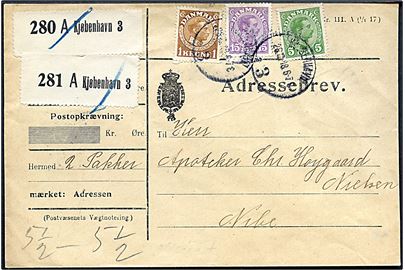 5 øre, 15 øre og 1 kr. Chr. X på 120 øre frankeret adressebrev for 2 pakker fra Kjøbenhavn d. 28.12.1918 til Nibe.