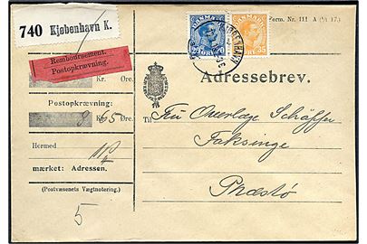 20 øre og 35 øre Chr. X på 55 øre frankeret adressebrev for pakke med opkrævning fra Kjøbenhavn d. 19.11.1918 til Præstø.