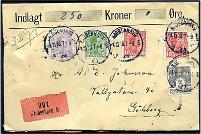 3 øre Bølgelinie, 5 øre, 10 øre (2) og 15 øre Chr. X på 43 øre frankeret værdibrev fra Kjøbenhavn d. 4.10.1916 til Göteborg, Sverige.