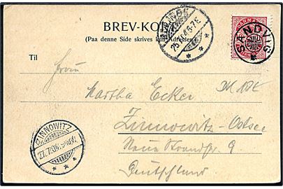 10 øre Våben på brevkort (Hotel Jomfrubjerget, Almindingen) annulleret med stjernestempel SANDVIG og sidestemplet Allinge d. 25.7.1904 til Zinnowitz, Tyskland.