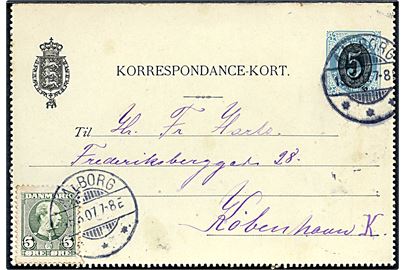 5/4 øre provisorisk helsagskorrespondancekort opfrankeret med 5 øre Chr. IX fra Aalborg d. 15.3.1907 til København.