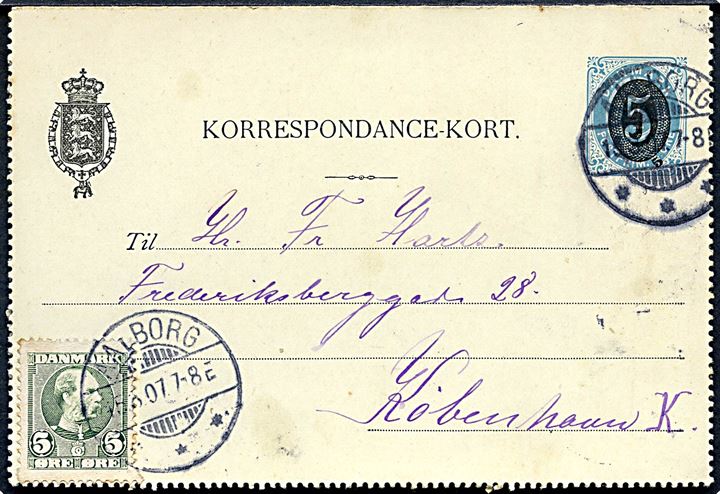 5/4 øre provisorisk helsagskorrespondancekort opfrankeret med 5 øre Chr. IX fra Aalborg d. 15.3.1907 til København.