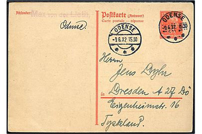 Tysk 15 pfg. Kant svardel af dobbelt helsagsbrevkort annulleret med dansk brotype IIId Odense d. 9.6.1932 til Dresden, Tyskland.