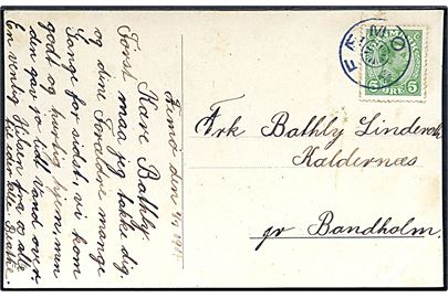 5 øre Chr. X på brevkort dateret d. 1.7.1914 annulleret med stjernestempel FÆMØ til Kældernæs pr. Bandholm.