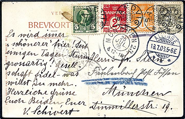 1 øre, 2 øre, 3 øre Bølgelinie og 5 øre Chr. IX på brevkort annulleret  med stjernestempel SANDVIG og sidestemplet Allinge d. 18.7.1906 til München, Tyskland.