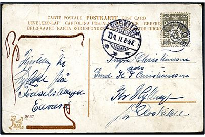 3 øre Bølgelinie på lokalt brevkort annulleret med stjernestempel LYNDBY og sidestemplet Riskilde d. 13.4.1911 til Kr. Hyllinge pr. Roskilde.
