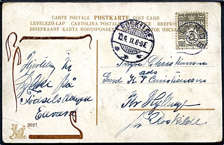3 øre Bølgelinie på lokalt brevkort annulleret med stjernestempel LYNDBY og sidestemplet Riskilde d. 13.4.1911 til Kr. Hyllinge pr. Roskilde.