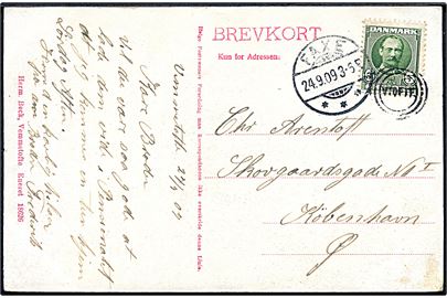 5 øre Fr. VIII på brevkort (Parti fra Vemmetofte) annulleret med Esrom-type stempel VTOFTE og sidestemplet Faxe d. 24.9.1909 til København.