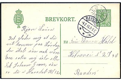 5 øre Chr. X helsagsbrevkort annulleret med stjernestempel UDBYNEDRE og sidestemplet Havndal d. 4.2.1915 til Randers.