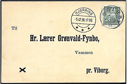 5 øre Nicolai kirke på tryksagskort annulleret med udslebet stjernestempel UGGERBY og sidestemplet Hjørring d. 5.12.1936 til Vammen pr. Viborg.