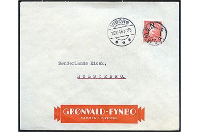 20 øre Chr. X på firmakuvert fra Grønvald-Fynbo annulleret med stjernestempel VAMMEN og sidestemplet Viborg d. 16.10.1946 til Holstebro.