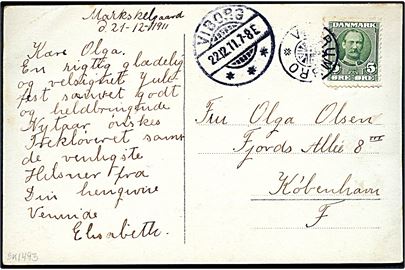 5 øre Fr. VIII på brevkort (Landejendom) dateret Markskelgaard annulleret med stjernestempel VEJRUMBRO og sidestemplet Viborg d. 22.12.1911 til København.