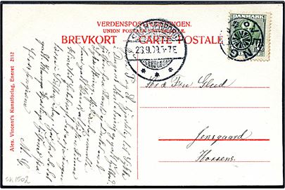 5 øre Fr. VIII på brevkort annulleret med stjernestempel VENGE og sidestemplet Skanderborg d. 23.9.1909 til Horsens.