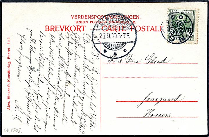 5 øre Fr. VIII på brevkort annulleret med stjernestempel VENGE og sidestemplet Skanderborg d. 23.9.1909 til Horsens.