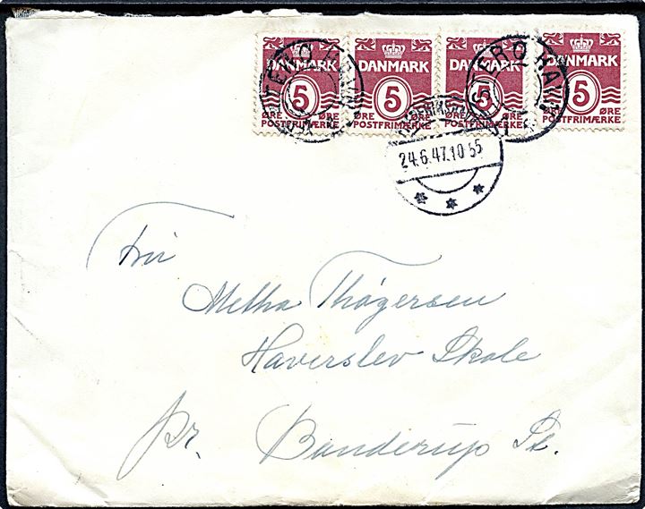 5 øre Bølgelinie (4) på brev annulleret med udslebet stjernestempel VESTERØ HAVN og sidestemplet Frederikshavn d. 24.6.1947 til Brenderup St.
