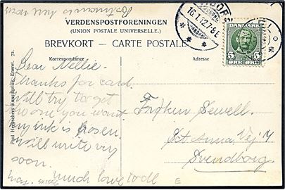 5 øre Fr. VIII på brevkort annulleret med uldent stjernestempel VINKEL og sidestemplet Viborg d. 16.1.1912 til Svendborg.