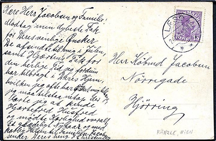 15 øre Chr. X på brevkort annulleret med brotype IIb Læsø d. 27.12.1922 til Hjørring.