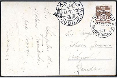 10 øre Bølgelinie på brevkort annulleret med særstempel Danmark * Det Rullende Postkontor * d. 2.7.1938 og sidestemplet Køge * Byjubilæum * d. 2.7.1938 til Randers.