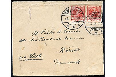 10 øre Chr. IX i parstykke på brev annulleret med brotype Ig Trangisvaag d. 16.2.1907 påskrevet via Leith til Korsør, Danmark. På bagsiden transitstemplet Edinburgh d. 19.2.1907.