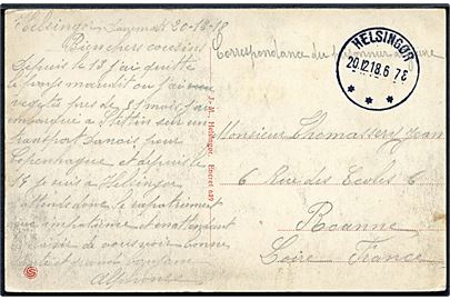 Ufrankeret krigsfangekort stemplet Helsingør d. 20.12.1918 til Frankrig. Sendt fra fransk transitfange på gennemrejse fra fangenskab i Tyskland til Frankrig.